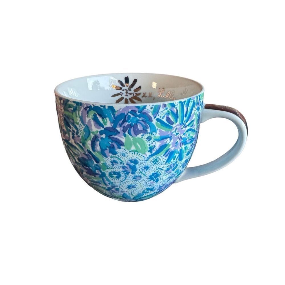 Lilly Pulitzer Ceramic Mug Blue Floral Gold Handle 12 Oz Coffee Cup